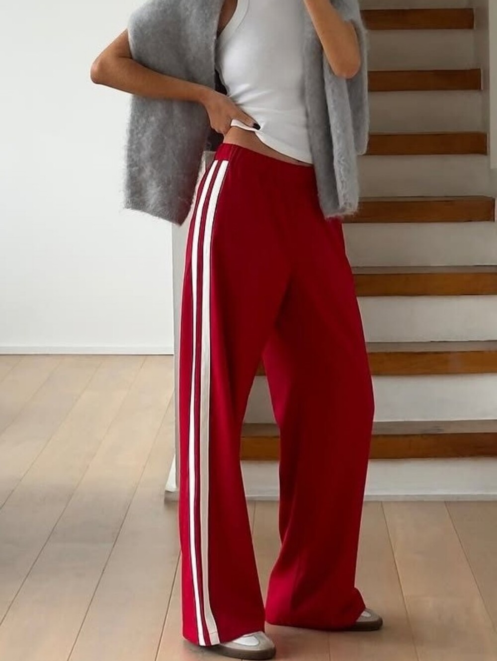 4TH + RECKLESS RED, WHITE STRIPE WIDE LEG TAILORED TAMMY TROUSER, US LARGE